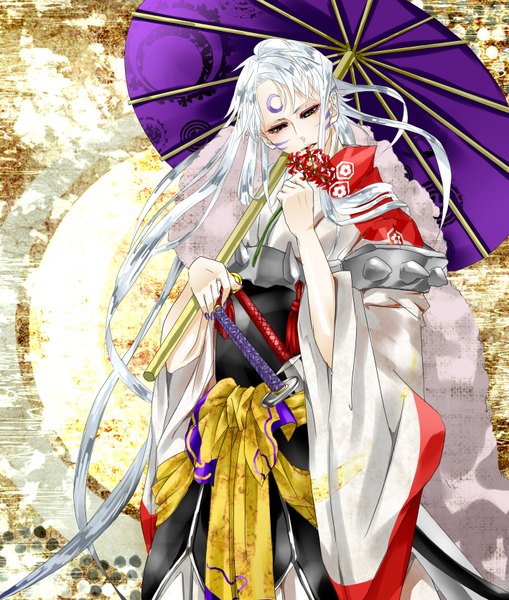 Anime picture 1417x1672 with inuyasha sesshomaru pixiv1671719 single long hair tall image holding yellow eyes silver hair white hair very long hair traditional clothes facial mark face paint boy flower (flowers) weapon sword armor katana