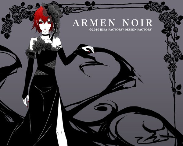 Anime picture 1280x1024 with armen noir nazca red eyes red hair nail polish inscription grey background silhouette girl dress flower (flowers) detached sleeves