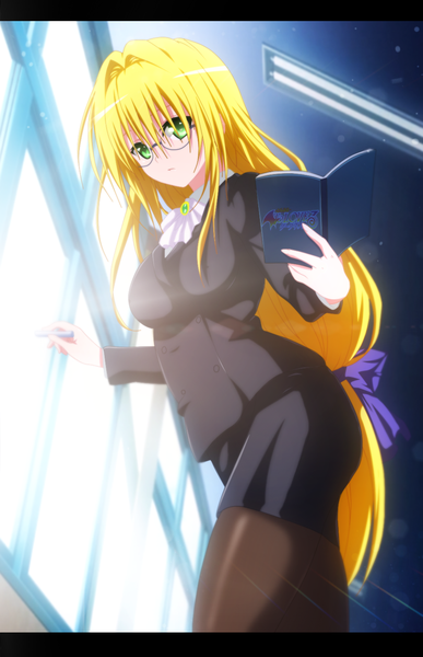 Anime picture 950x1470 with toloveru toloveru darkness xebec tearju lunatique tempestdh single long hair tall image blonde hair green eyes sunlight from below coloring teacher girl bow hair bow pantyhose glasses window