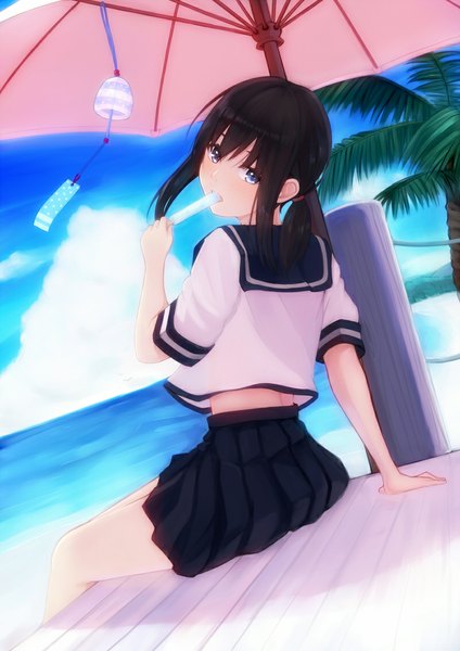 Anime picture 800x1131 with kantai collection fubuki destroyer 96tuki single long hair tall image looking at viewer blush fringe open mouth blue eyes black hair sitting twintails cloud (clouds) pleated skirt wind beach girl skirt