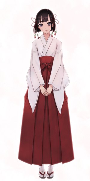 Anime picture 750x1500 with original murakami suigun single tall image looking at viewer short hair black hair simple background white background traditional clothes japanese clothes black eyes miko new year girl