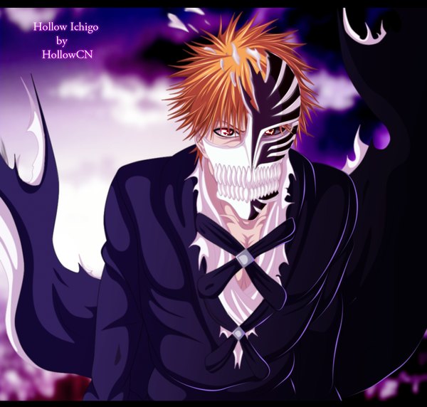 Anime picture 1100x1050 with bleach studio pierrot kurosaki ichigo hollowcn single short hair sky cloud (clouds) japanese clothes orange hair orange eyes coloring torn clothes letterboxed boy kimono mask debris