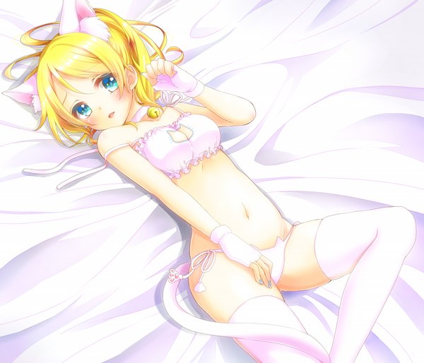 Anime picture 1500x1285 with love live! school idol project sunrise (studio) love live! ayase eli aoi (kiyokiyoaomushi) single looking at viewer blush short hair breasts light erotic blonde hair smile animal ears payot bent knee (knees) tail lying nail polish parted lips