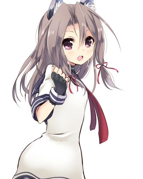 Anime picture 1024x1280 with kantai collection zuihou light aircraft carrier amano kouki single long hair tall image looking at viewer open mouth simple background smile brown hair white background purple eyes :d alternate costume alternate hairstyle cosplay sailor collar girl gloves