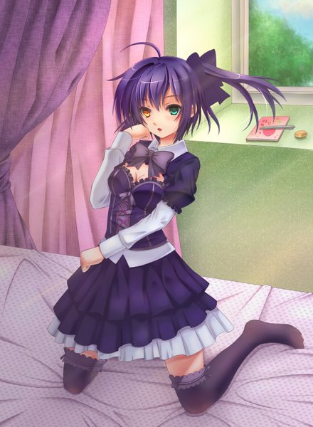 Anime picture 2200x3000 with chuunibyou demo koi ga shitai! kyoto animation takanashi rikka youxuemingdie single tall image blush highres short hair open mouth blue hair heterochromia one side up girl thighhighs dress bow black thighhighs hair bow frills
