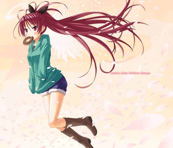 Anime picture 1750x1500 with mahou shoujo madoka magica shaft (studio) sakura kyouko minazuki (karashikazoku) single long hair highres red eyes ponytail red hair mouth hold hands in pockets girl bow hair bow petals shorts boots