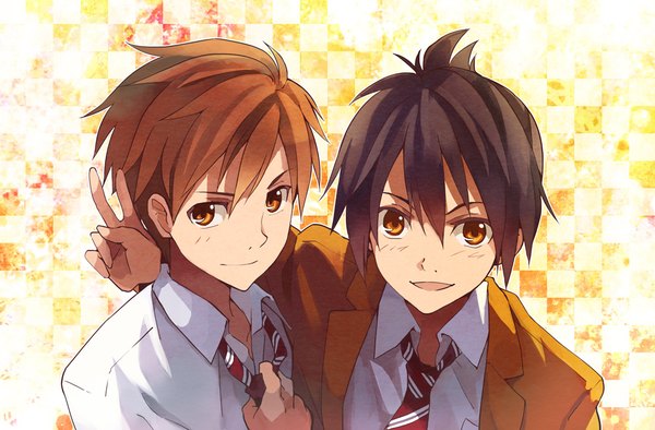 Anime picture 1000x658 with arata kangatari hinohara arata arata (arata kangatari) takerusilt fringe short hair open mouth black hair smile hair between eyes brown hair brown eyes upper body from above multiple boys victory checkered checkered background adjusting clothes adjusting necktie