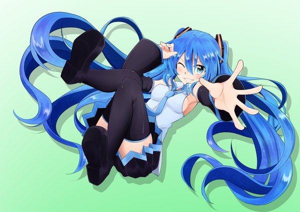 Anime picture 4676x3306 with vocaloid hatsune miku kazenoko single looking at viewer blush highres blue eyes smile twintails blue hair absurdres very long hair one eye closed wink girl thighhighs skirt hair ornament black thighhighs