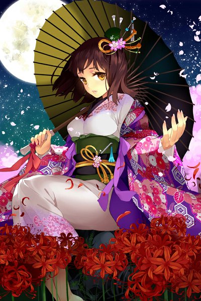 Anime picture 600x900 with original rozer single tall image looking at viewer short hair brown hair sitting yellow eyes bent knee (knees) long sleeves traditional clothes japanese clothes barefoot night wide sleeves no shoes night sky cherry blossoms outstretched arm
