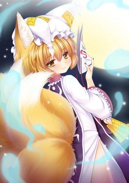 Anime picture 2480x3507 with touhou yakumo ran langlong tall image blush highres short hair blonde hair smile yellow eyes looking back fox tail fox girl multiple tails girl mask bonnet