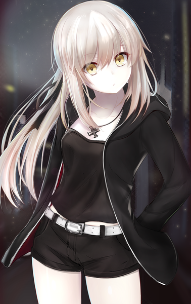 Anime picture 1323x2100 with fate (series) fate/grand order fate/stay night artoria pendragon (all) saber saber alter efuri (riarea00) single long hair tall image looking at viewer fringe blonde hair hair between eyes standing yellow eyes ponytail head tilt jet black king of knights ver. shinjuku 1999 girl