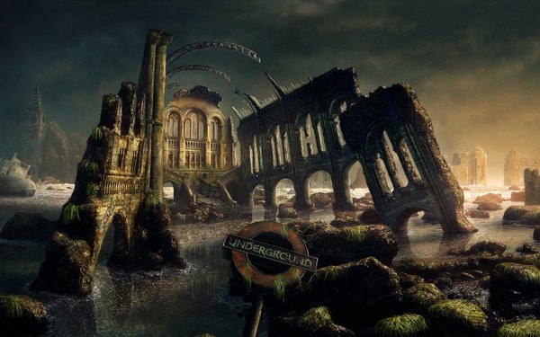 Anime picture 1680x1050 with mikazuki akira wide image sky inscription city landscape scenic ruins rock water building (buildings) sign elizabeth tower