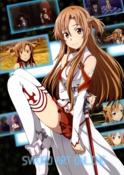 Anime picture 2100x2970 with sword art online a-1 pictures yuuki asuna long hair tall image highres smile brown hair brown eyes girl thighhighs weapon detached sleeves miniskirt white thighhighs sword