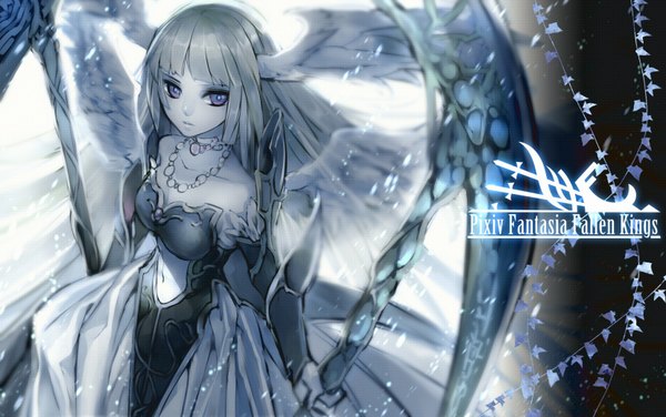 Anime picture 1656x1040 with original pixiv fantasia pixiv fantasia fallen kings shijuu hachi single long hair looking at viewer fringe blonde hair purple eyes bare shoulders bare belly angel wings head wings white wings girl weapon wings choker necklace