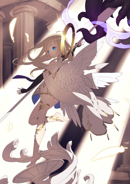 Anime picture 900x1273 with original ni02 (asahi nini) single long hair tall image blush blue eyes light erotic blonde hair holding looking away full body bent knee (knees) barefoot sunlight bare legs :o back angel wings girl