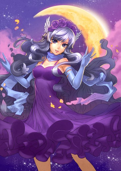 Anime picture 800x1132 with original yukiusagi1983 single long hair tall image breasts smile purple eyes cloud (clouds) grey hair head wings crescent girl dress gloves flower (flowers) petals wings elbow gloves scarf