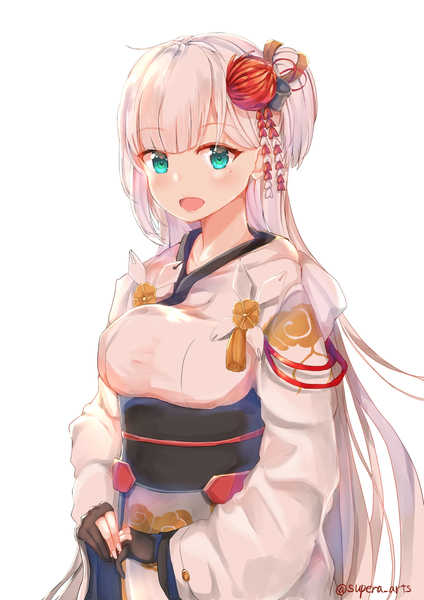 Anime picture 1061x1500 with azur lane shoukaku (azur lane) supera single long hair tall image looking at viewer blush fringe breasts open mouth simple background standing white background signed silver hair blunt bangs traditional clothes japanese clothes aqua eyes