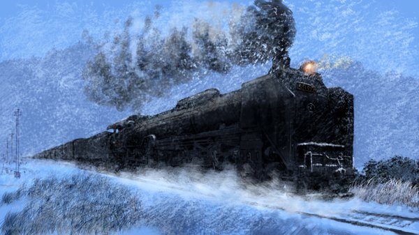 Anime picture 1920x1080 with original hk vp70 highres wide image sky wind snowing smoke snow no people steam train railways