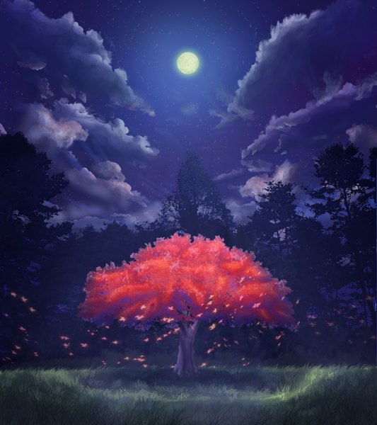 Anime picture 1280x1440 with geshi tall image sky cloud (clouds) night night sky no people plant (plants) tree (trees) leaf (leaves) moon star (stars) full moon forest