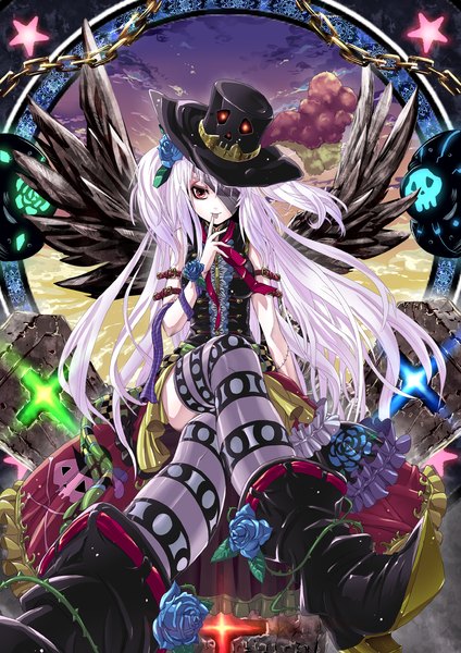 Anime picture 1414x2000 with yama kabuto (artist) single long hair tall image red eyes sitting sky purple hair cloud (clouds) white hair orange eyes finger to mouth girl thighhighs flower (flowers) hat animal wings boots frills