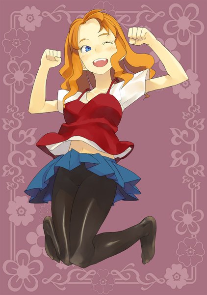 Anime picture 1055x1500 with original hama2224 single tall image blush short hair open mouth blue eyes one eye closed wink orange hair no shoes wavy hair jumping brown background girl pantyhose