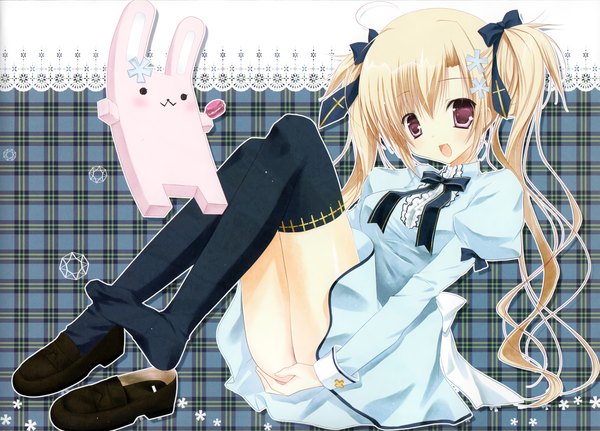 Anime picture 2974x2137 with miyasaka miyu long hair highres open mouth blonde hair red eyes twintails loli girl thighhighs black thighhighs toy stuffed animal bunny