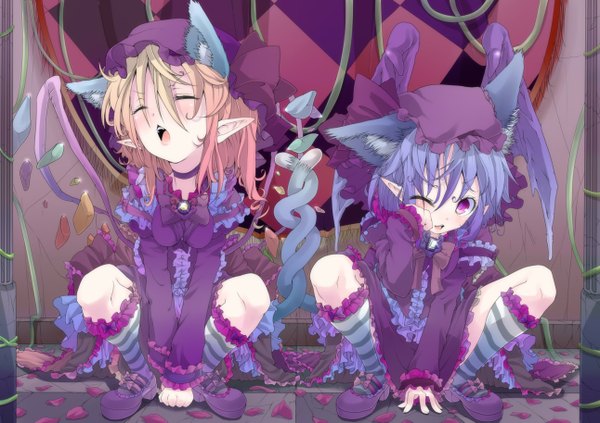 Anime picture 1292x913 with touhou flandre scarlet remilia scarlet shunsuke short hair open mouth blonde hair sitting purple eyes multiple girls animal ears blue hair eyes closed animal tail one eye closed pointy ears wink girl dress 2 girls
