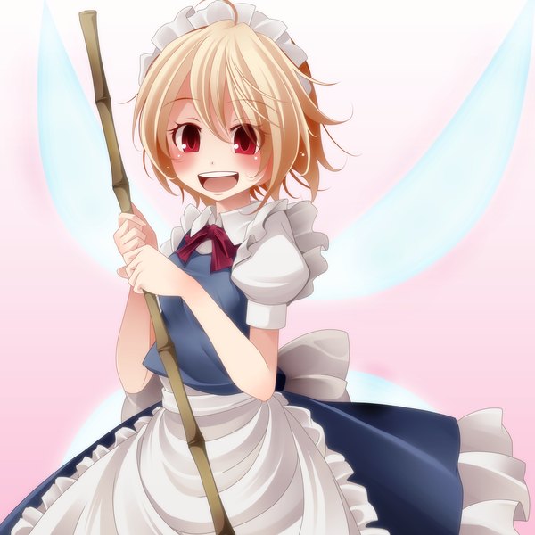 Anime picture 1500x1500 with touhou fairy maid s-syogo blush short hair open mouth blonde hair red eyes maid girl wings headdress maid headdress