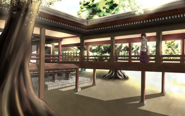 Anime picture 1280x800 with axis powers hetalia studio deen japan (hetalia) single short hair wide image standing outdoors architecture east asian architecture boy plant (plants) tree (trees)
