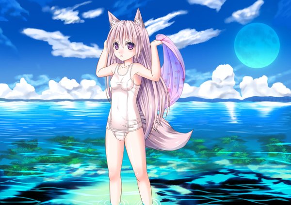 Anime picture 1245x880 with original ikeda yuuki (artist) single long hair looking at viewer blush open mouth light erotic purple eyes bare shoulders animal ears sky purple hair cloud (clouds) animal tail wet fox ears fox tail fox girl wet clothes