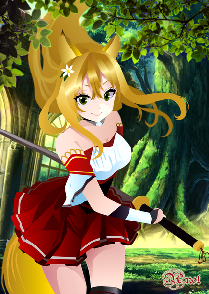 Anime picture 2489x3501 with original anot single long hair tall image fringe highres blonde hair smile hair between eyes bare shoulders green eyes animal ears tail animal tail hair flower fox ears fox tail fox girl girl