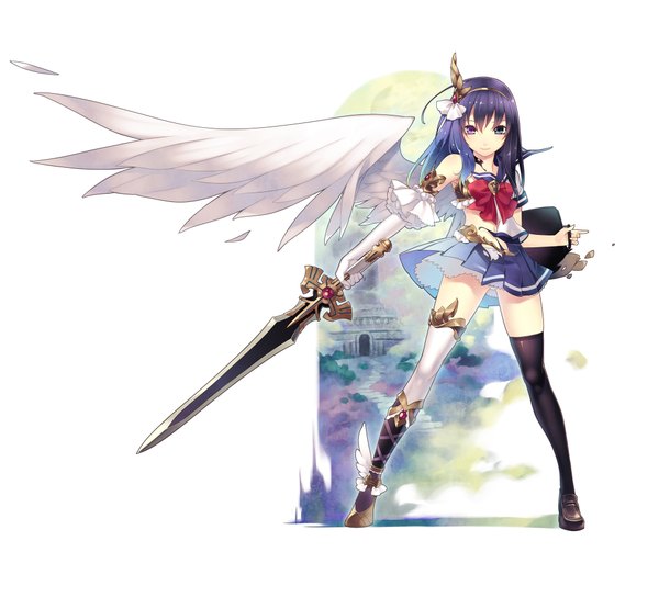 Anime picture 2000x1816 with original hirano katsuyuki single long hair highres purple hair heterochromia single wing girl thighhighs weapon black thighhighs sword wings serafuku single thighhigh sailor suit