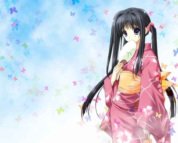 Anime picture 1280x1024 with aikagi hazuki chika suzuhira hiro fightgirl (semanga) single long hair looking at viewer fringe black hair purple eyes twintails payot traditional clothes japanese clothes floral print covered mouth third-party edit girl kimono insect