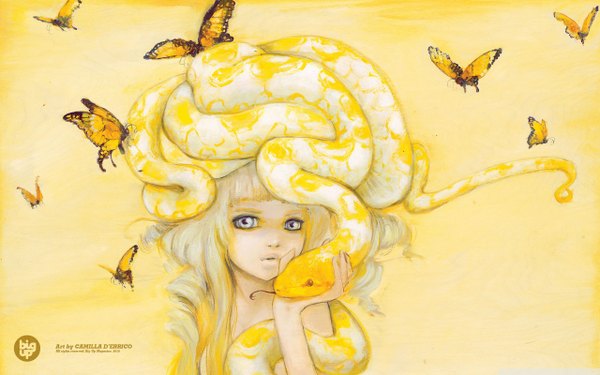 Anime picture 1280x800 with camilladerrico single long hair blue eyes simple background wide image bare shoulders white hair girl insect butterfly snake