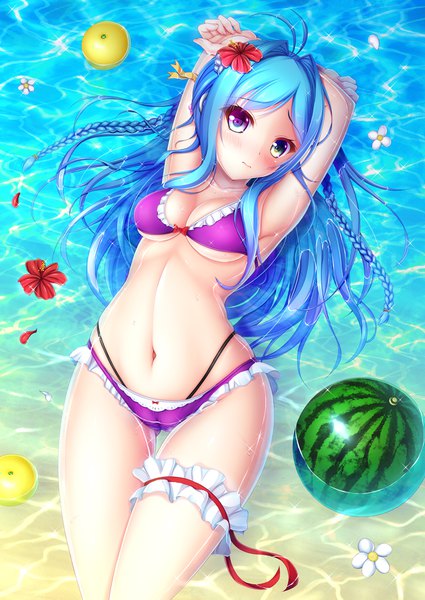 Anime picture 1254x1771 with original hiro (725611) single long hair tall image looking at viewer blush fringe breasts blue eyes light erotic blue hair ahoge lying braid (braids) head tilt hair flower arms up armpit (armpits) on back