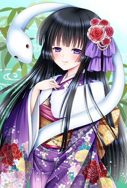 Anime picture 541x800 with original asazuki kanai single long hair tall image blush black hair smile purple eyes traditional clothes japanese clothes hair flower girl hair ornament flower (flowers) animal kimono kanzashi snake