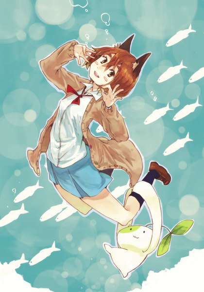 Anime picture 737x1052 with original hrd single tall image looking at viewer blush short hair open mouth brown hair brown eyes animal ears from above cat ears girl uniform school uniform socks black socks sweater bubble (bubbles)