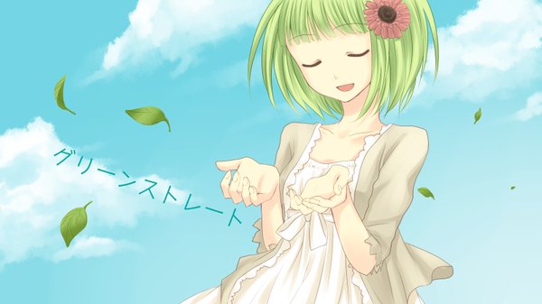 Anime picture 1600x900 with vocaloid gumi yayoi (pixiv182527) single short hair smile wide image sky cloud (clouds) eyes closed hair flower green hair wind girl dress hair ornament white dress leaf (leaves)