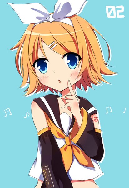 Anime picture 561x814 with vocaloid kagamine rin asanagi kurumi (panda-doufu) single tall image looking at viewer blush short hair open mouth blue eyes blonde hair simple background upper body bare belly finger to mouth aqua background girl bow hair bow detached sleeves