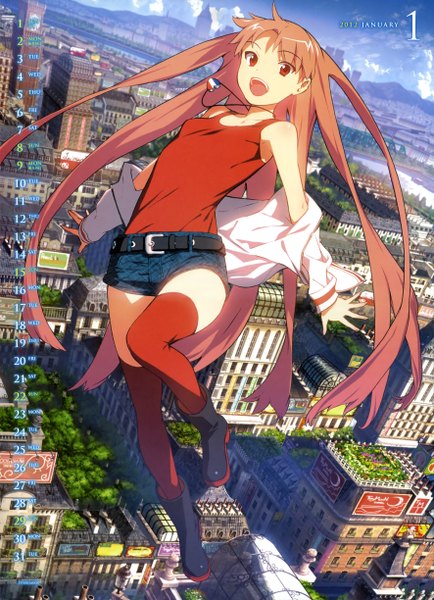Anime picture 3544x4894 with girls' work type-moon type-moon calendar 2011 asube shirube takenashi eri single long hair tall image highres open mouth red eyes bare shoulders pink hair absurdres sky scan orange hair city cityscape jumping