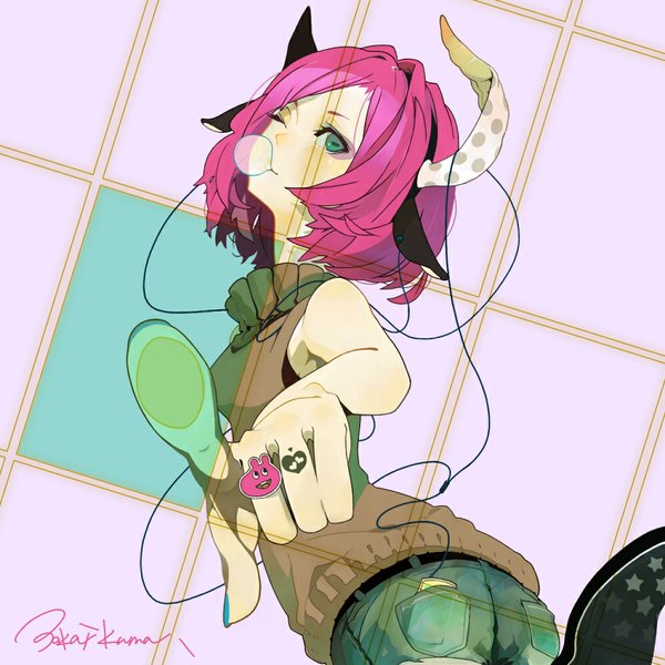 Anime picture 1000x1000 with original tokai kuma single short hair green eyes animal ears pink hair ass nail polish one eye closed horn (horns) wink girl shorts headphones short shorts ring wire (wires)