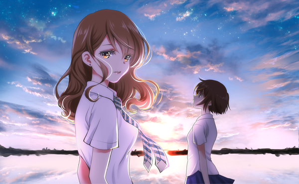 Anime picture 1200x742 with original sheepd long hair fringe short hair hair between eyes brown hair wide image standing multiple girls brown eyes sky cloud (clouds) outdoors parted lips profile sunlight blurry horizon scenic
