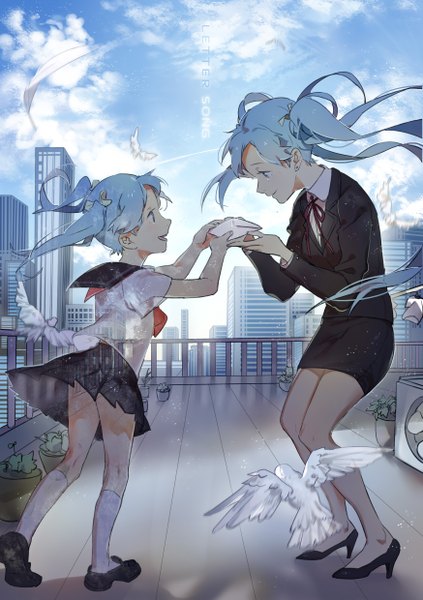 Anime picture 1748x2480 with vocaloid hatsune miku rosele long hair tall image fringe highres open mouth twintails sky cloud (clouds) pleated skirt aqua eyes aqua hair bare legs alternate costume happy flying dual persona alternate age