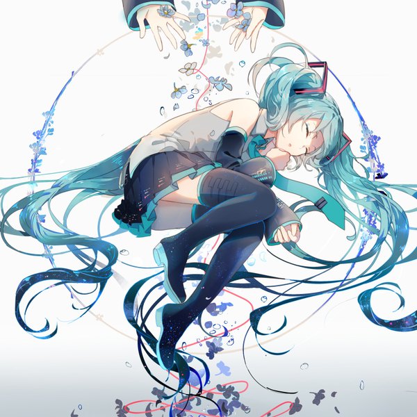 Anime picture 800x800 with vocaloid hatsune miku fre fringe twintails full body lying eyes closed very long hair pleated skirt aqua hair :o gradient background sleeves past wrists on side gradient hair solo focus sleeping girl skirt