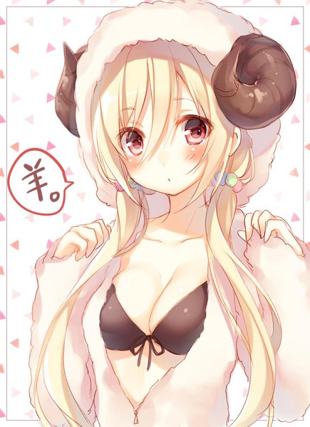 Anime picture 862x1187 with original toosaka asagi single long hair tall image looking at viewer blush fringe breasts light erotic blonde hair hair between eyes red eyes twintails cleavage upper body horn (horns) :o low twintails hieroglyph