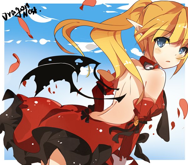 Anime picture 1000x879 with dragon nest 61 (artist) single long hair looking at viewer blush blue eyes blonde hair ponytail pointy ears back girl dress petals wings red dress