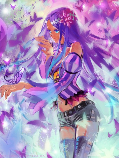 Anime picture 600x800 with vocaloid merli (vocaloid) yamakawa umi single long hair tall image blue eyes bare shoulders looking away purple hair bare belly zettai ryouiki animal print butterfly on hand butterfly print girl thighhighs navel hair ornament detached sleeves