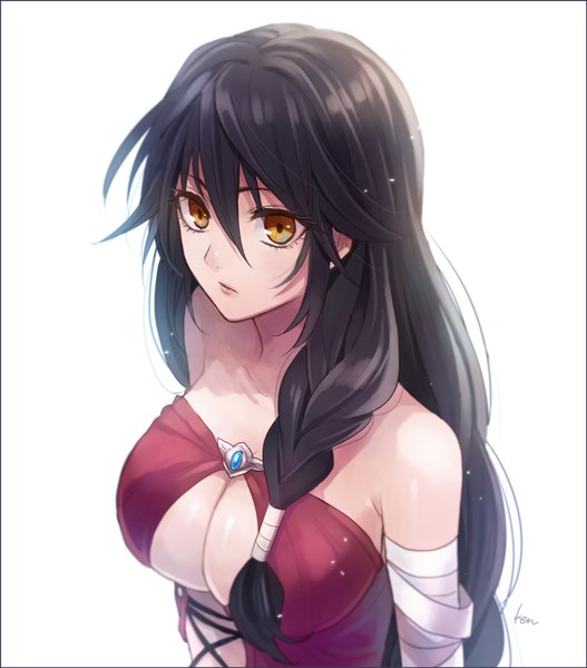 Anime picture 750x853 with tales of (series) tales of berseria velvet crowe akke single long hair tall image fringe breasts light erotic black hair simple background hair between eyes large breasts white background bare shoulders signed yellow eyes looking away upper body