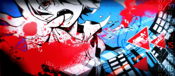 Anime picture 1300x568 with vocaloid heat haze days (vocaloid) nou single short hair open mouth wide image spread arms running screaming boy building (buildings) blood traffic sign