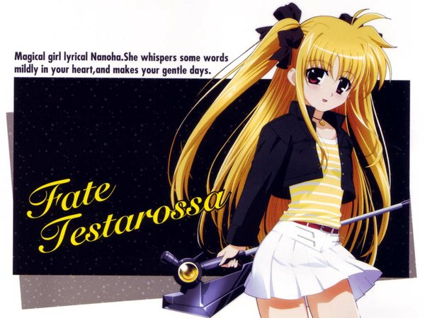 Anime picture 1024x768 with mahou shoujo lyrical nanoha fate testarossa bardiche okuda yasuhiro single long hair open mouth blonde hair red eyes standing long sleeves pleated skirt open clothes open jacket two side up wallpaper striped third-party edit casual girl
